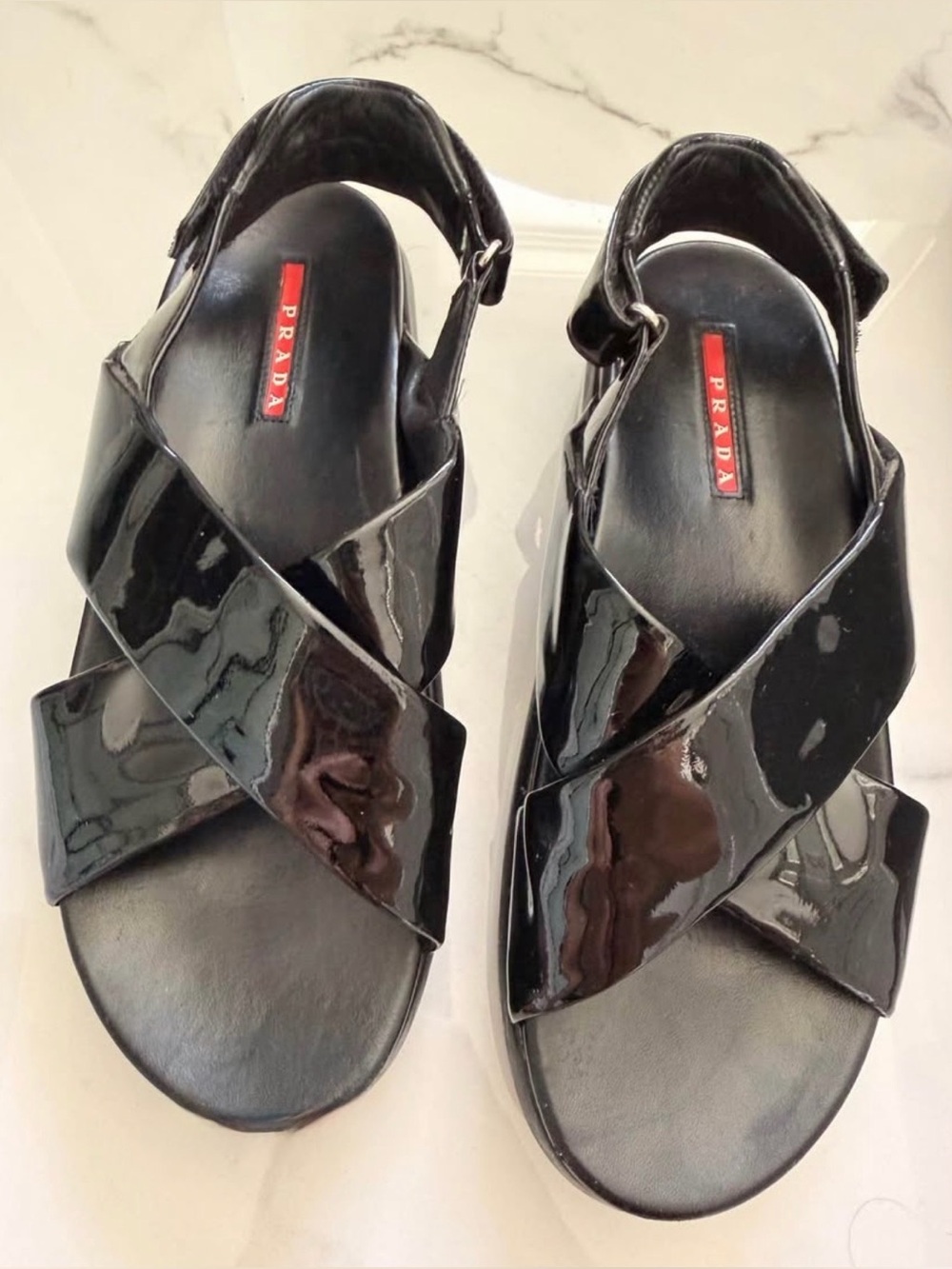 Prada Linea Rossa Black Patent Leather Crisscross Sandals